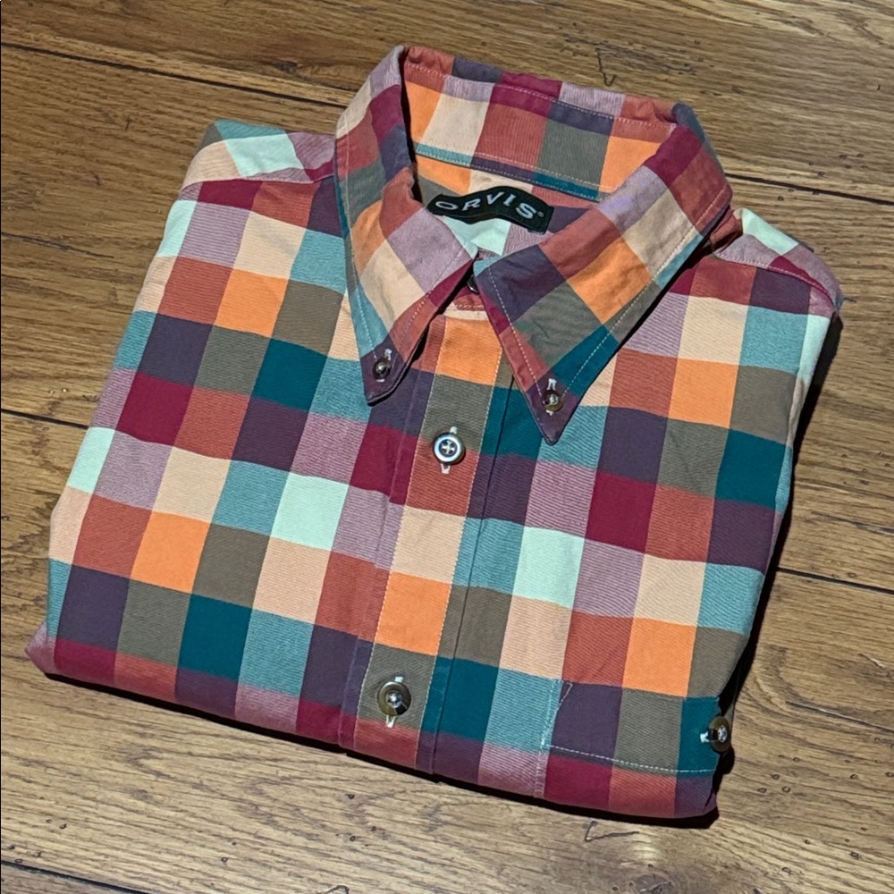 Orvis Plaid Button Down Shirt in vibrant fall colors, size L